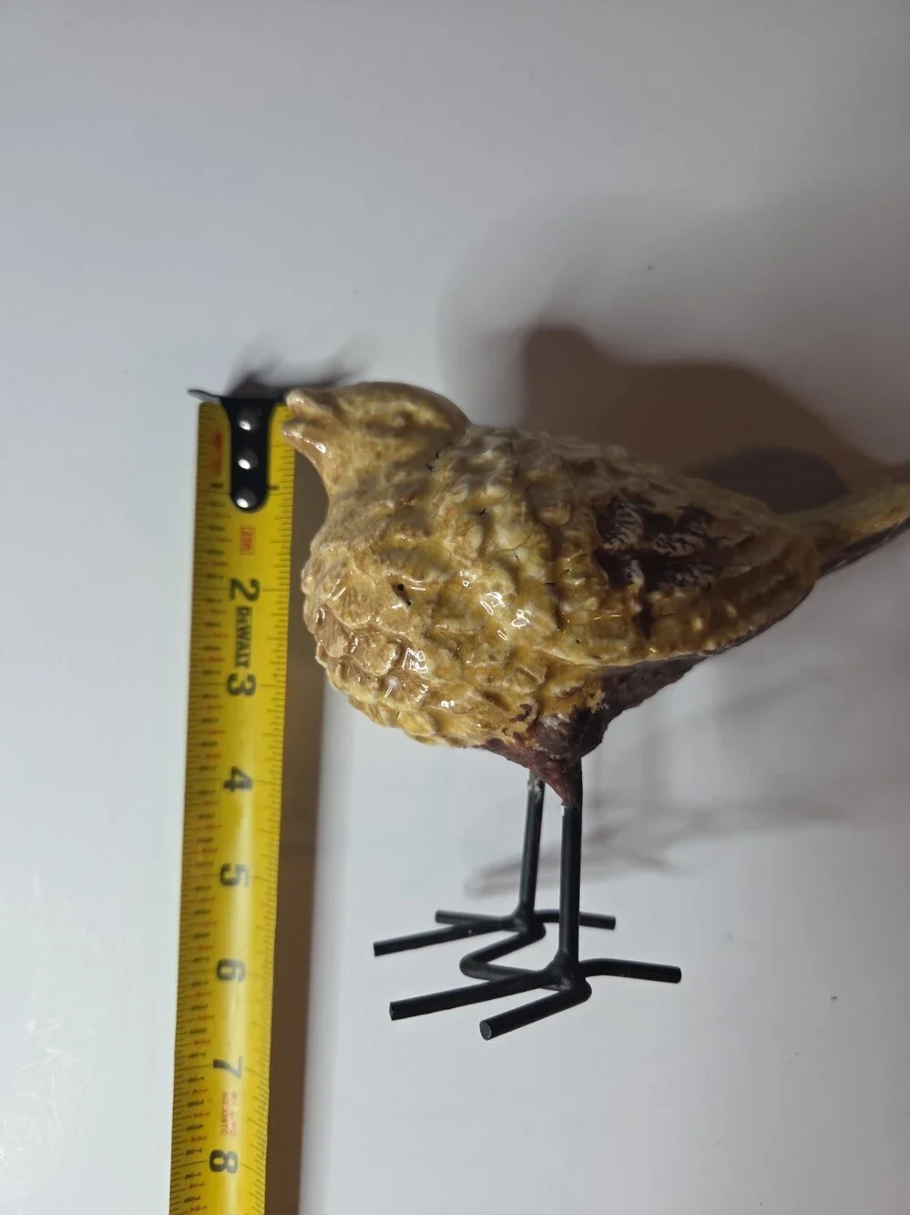 Vintage Primitive Ceramic Bird Figurine Yellow Glazed Textured Body w/wire Legs